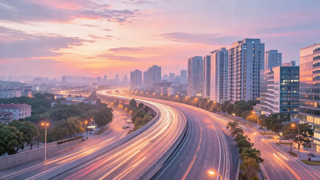 City skyline with long-exposure traffic representing modern system infrastructure